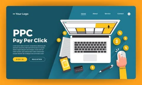 Mock-up design website flat design concept PPC pay per click. Vector illustra Stock Illustration