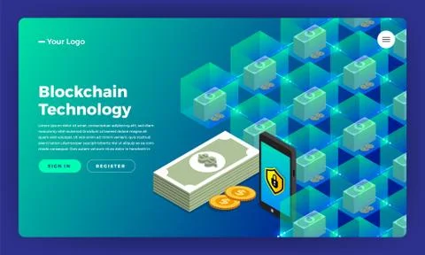 Mock-up design website flat design concept blockchain and cryptocurrency.  Ve Stock Illustration