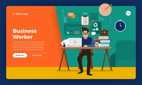 Mock-up design website flat design concept working hours worker in office pla Stock Illustration