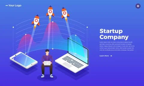 Mock-up design website flat design concept stratup rocket rise from computer. Stock Illustration