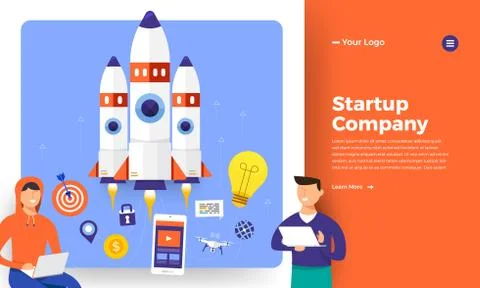 Mock-up design website flat design concept stratup rocket rise from computer. Stock Illustration