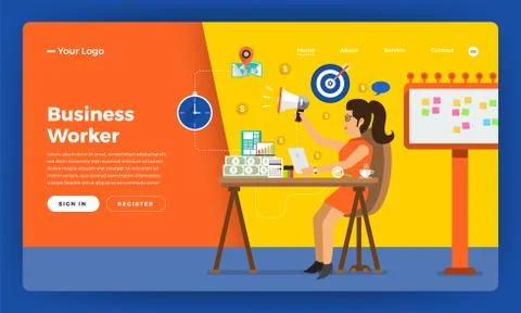 Mock-up design website flat design concept working hours worker in office pla Stock Illustration