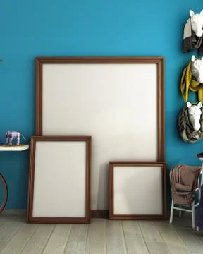 Mock up different size poster frames in modern interior background blue color Illustrazione stock