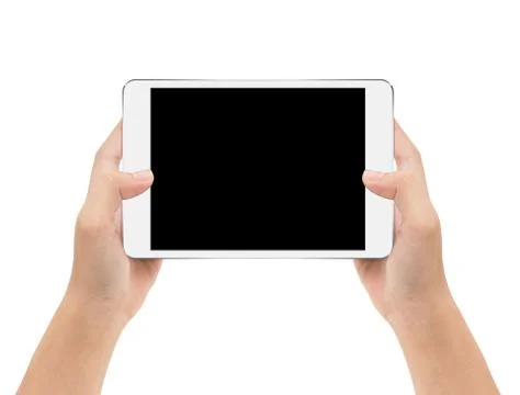 Mock-up digital tablet in hand isolated on white background with clipping p.. Stock Photos
