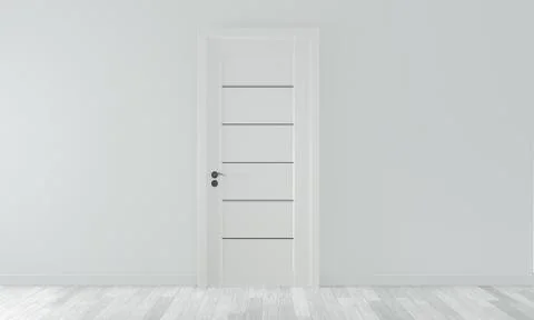 Mock up door on empty room white wall on white wooden floor.3D rendering Stock Illustration