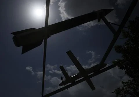 Mock drones and missiles displayed in Sana'a amid regional tensions, Sanaa, Yeme Stock Photos