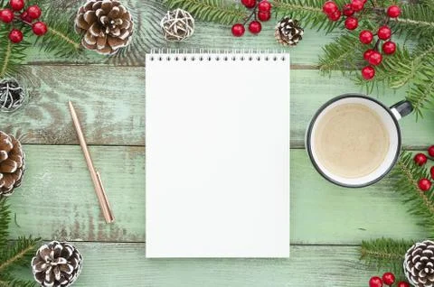 Mock up empty notebook on New Year's background with fir tree pine cones and Stock Photos
