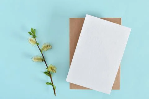 A mock-up of an envelope, a white sheet of paper and willow branches on a lig Stock Photos