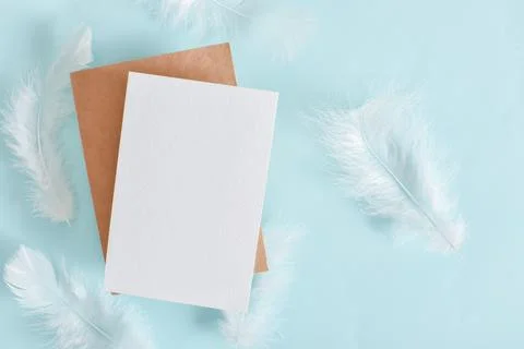 A mock-up of an envelope, a white sheet of paper and white feathers on a ligh Stock Photos