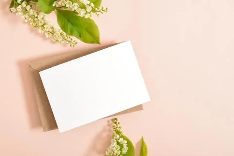 A mock-up of an envelope, a white sheet of paper and cherry branches on a lig Stock Photos