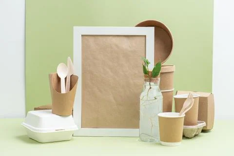 Mock up frame in composition of eco-friendly disposable containers Stock Photos