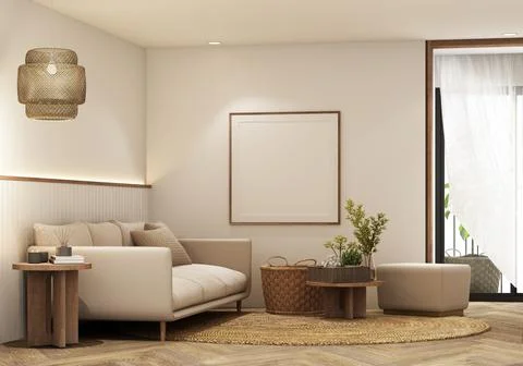 Mock up frame in cozy home interior background, coastal style livingroom with Stock Illustration