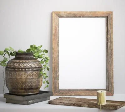 Mock up frame, decorated rustic background, 3d render Stock Illustration