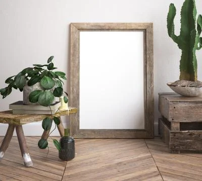 Mock up frame, decorated rustic background, 3d render Illustrazione stock