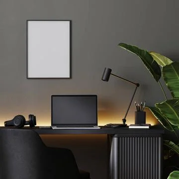 Mock up frame in home office interior background, modern interior in black... Stock Photos