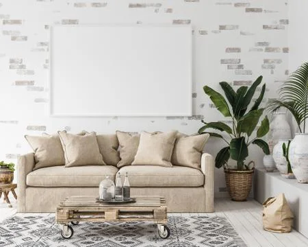 Mock-up frame in interior background,Scandi-boho style, 3d render Stock Illustration