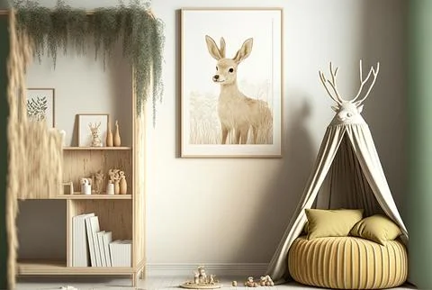Mock up frame in a kids' room with furnishings made of natural wood,. Generative Stock Illustration