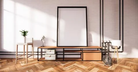 Mock up frame on Tv cabinet in loft interior white brick wall room minimal de Stock Illustration