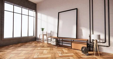 Mock up frame on Tv cabinet in loft interior white brick wall room minimal de Stock Illustration