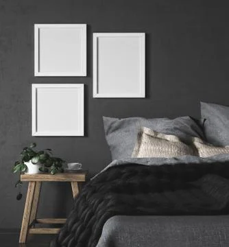 Mock-up frames in dark ethnic bedroom interior, 3d render Stock Illustration