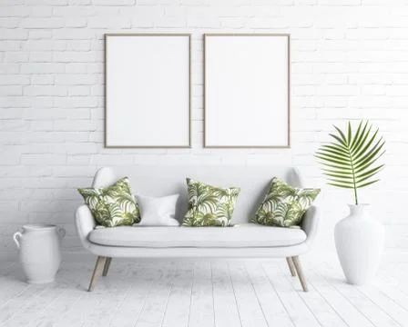 Mock up frames in living room interior with white sofa on white brick wall, Scan Stock Illustration