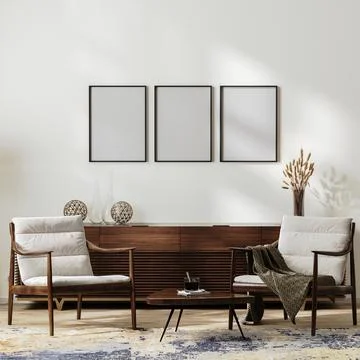 Mock up frames in modern living room interior with two armchairs near coffee  Illustrazione stock