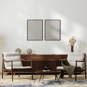 Mock up frames in modern living room interior with two armchairs near coffee  Illustrazione stock