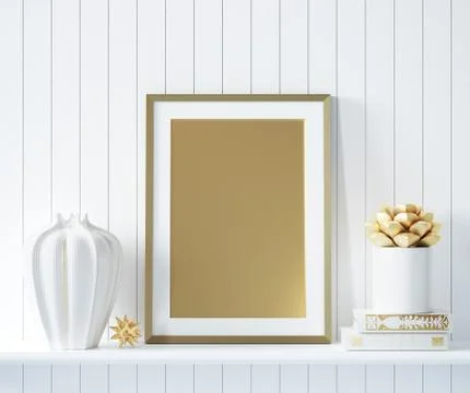Mock up golden poster frame in interior background with decor, 3d render Stock Illustration