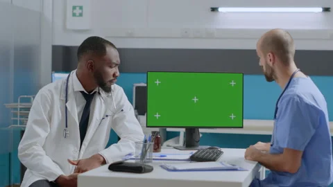 Mock up green screen chroma key computer with isolated display standing on table Stock Footage 164849236