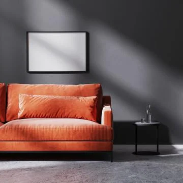 Mock up horizontal frame on black wall with sun rays with red sofa with black Stock Illustration
