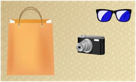 Mock up illustration of camera and eye wear with a shopping bag Illustrazione stock
