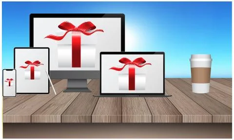 Mock up illustration of electronic devices on table Stock Illustration