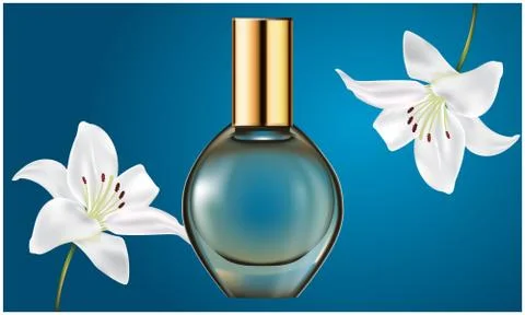 Mock up illustration of female perfume from flower extract on abstract backgr Illustrazione stock
