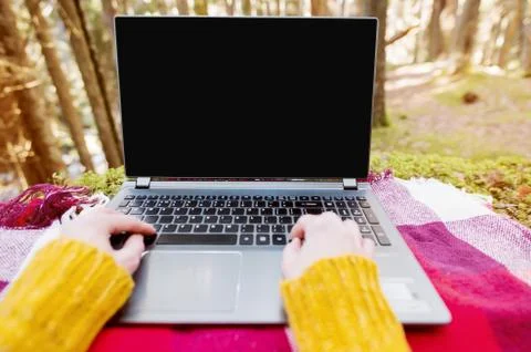 A mock-up image of a woman's hand using and typing on a laptop with a blank Stock Photos