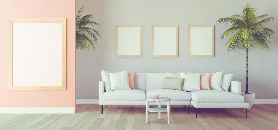 Mock up interior with sofa and palms 3d render Stock Illustration