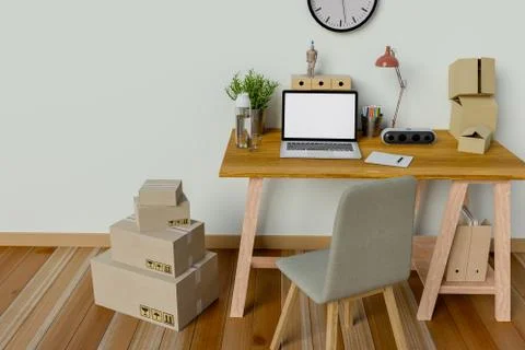 Mock up interior workspace with laptop computer. 3D Rendering. Stock Photos