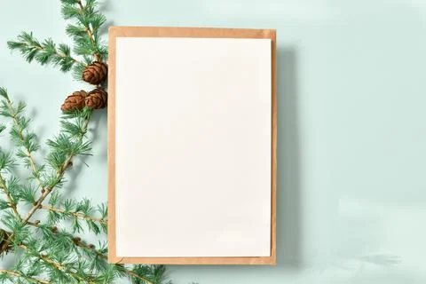 A mock-up of a kraft envelope with a blank sheet and a branch of green larch  Stock Photos