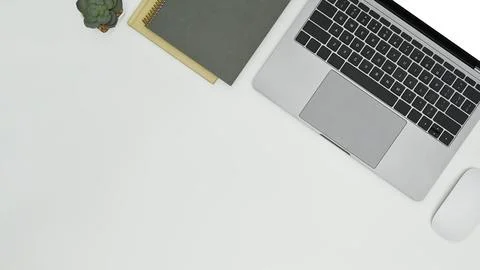Mock up laptop computer, mouse, notebooks and succulent plants on white office Stock Photos