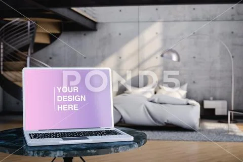 Mock up of laptop over table in light stylish bedroom. 3d render Plantilla PSD
