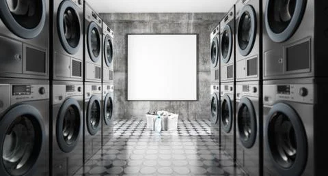 Mock-up in a laundry with rows of washing machines, 3d render Stock Illustration