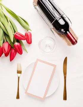 Mock up menu frame in restaurant or cafe . Top view of table setting with men Stock Photos