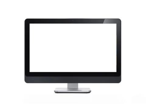 Mock up of a modern desktop computer with blank white screen isolated on a wh Stock Photos