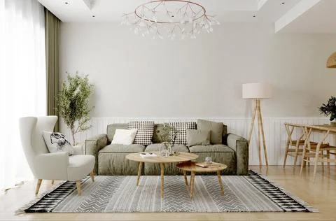 Mock up modern interior sofa in living room, empty wall, 3D render Stock Illustration