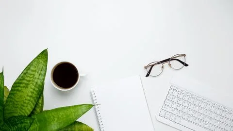 Mock up notebook. Flat lay composition with copy space. Office workspace and  Stock Photos