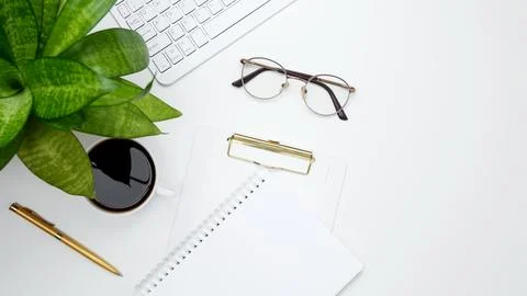 Mock up notebook. Flat lay composition with copy space. Office workspace and  Stock Photos