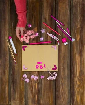 Mock up objects for art and for handmade top view. Colorful art school suppli 스톡 사진