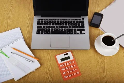 Mock up objects such as computer, calculator and smartphone Foto stock