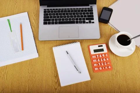 Mock up objects such as computer, calculator and smartphone Foto stock