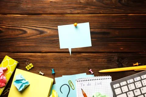Mock up with Office table with notepad, supplies. Stock Photos