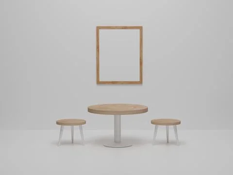 Mock up photo frame in dining room with wood chairs and table. Abstract minim Stock Illustration